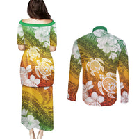 Kanaka Maoli Hawaii Flag Day Couples Matching Puletasi and Long Sleeve Button Shirt Vibrant Frangipani