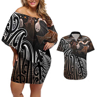 Aotearoa Maori - Australia Indigenous Couples Matching Off Shoulder Short Dress and Hawaiian Shirt Koiri Whakairo Mix Aboriginal Art - Polynesian Pride