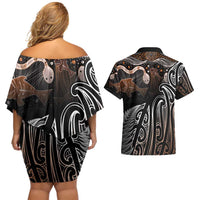 Aotearoa Maori - Australia Indigenous Couples Matching Off Shoulder Short Dress and Hawaiian Shirt Koiri Whakairo Mix Aboriginal Art - Polynesian Pride