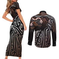 Aotearoa Maori - Australia Indigenous Couples Matching Short Sleeve Bodycon Dress and Long Sleeve Button Shirt Koiri Whakairo Mix Aboriginal Art - Polynesian Pride