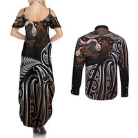 Aotearoa Maori - Australia Indigenous Couples Matching Summer Maxi Dress and Long Sleeve Button Shirt Koiri Whakairo Mix Aboriginal Art - Polynesian Pride