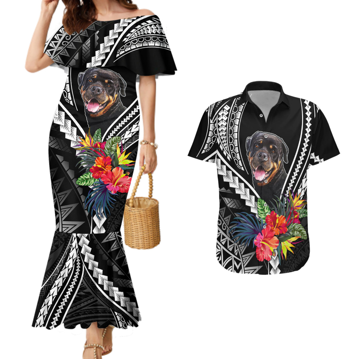 Personalised Polynesian Dog Couples Matching Mermaid Dress And Hawaiian Shirt Rottweiler With Polynesia Pattern Curve Style LT7 Black - Polynesian Pride