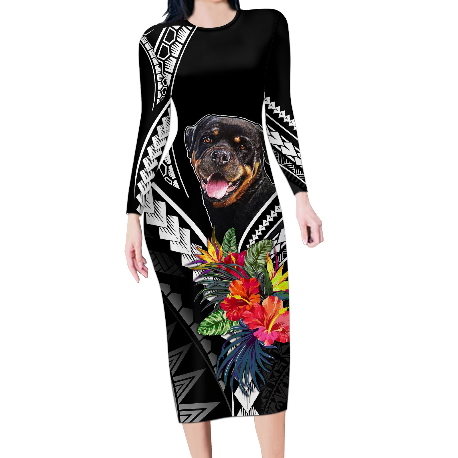 Personalised Polynesian Dog Long Sleeve Bodycon Dress Rottweiler With Polynesia Pattern Curve Style LT7 Long Dress Black - Polynesian Pride