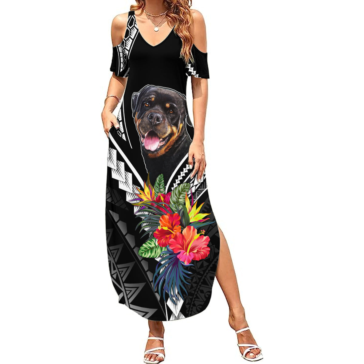 Personalised Polynesian Dog Summer Maxi Dress Rottweiler With Polynesia Pattern Curve Style LT7 Women Black - Polynesian Pride