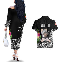 Personalised Polynesian Couples Matching Off The Shoulder Long Sleeve Dress and Hawaiian Shirt With Yorkshire Terrier Floral Style LT7 - Polynesian Pride
