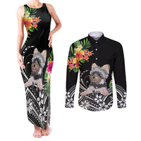 Personalised Polynesian Couples Matching Tank Maxi Dress and Long Sleeve Button Shirts With Yorkshire Terrier Floral Style LT7 Black - Polynesian Pride