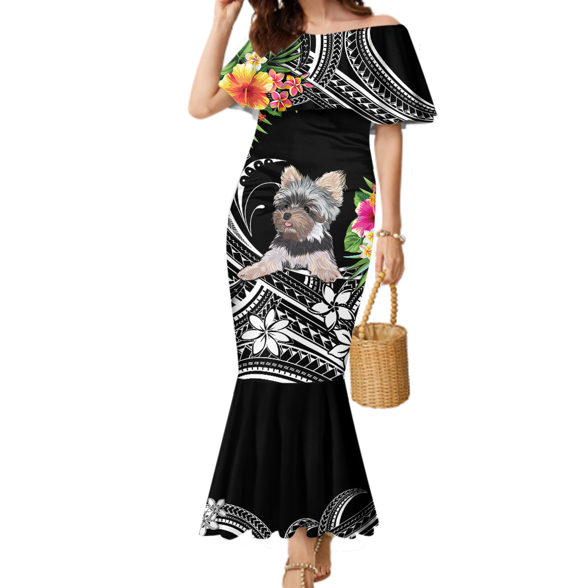 Personalised Polynesian Mermaid Dress With Yorkshire Terrier Floral Style LT7 Women Black - Polynesian Pride