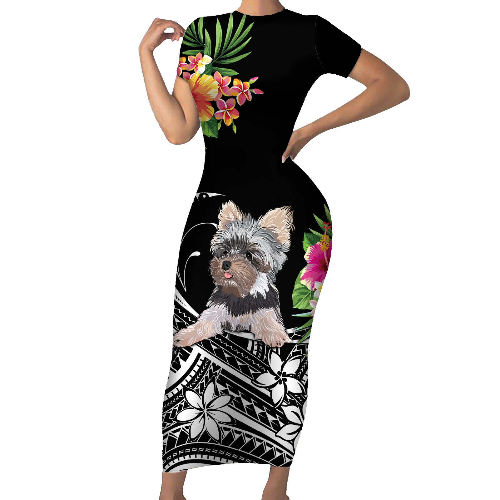 Personalised Polynesian Short Sleeve Bodycon Dress With Yorkshire Terrier Floral Style LT7 Long Dress Black - Polynesian Pride