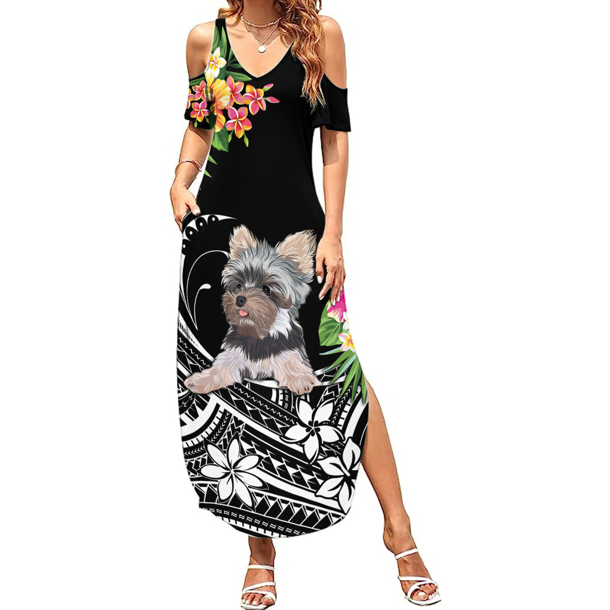 Personalised Polynesian Summer Maxi Dress With Yorkshire Terrier Floral Style LT7 Women Black - Polynesian Pride
