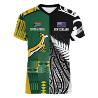 Custom Rugby South Africa New Zealand Greatest Rivals Women V-Neck T-Shirt Tribal Motifs LT7 Female Multicolor - Polynesian Pride