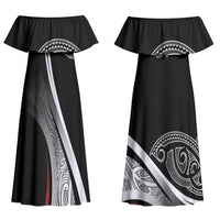 Aotearoa Maori Rugby Custom Couples Matching Off Shoulder Maxi Dress and Hawaiian Shirt Kapa O Pango LT7 - Polynesian Pride