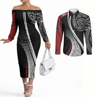 Aotearoa Maori Rugby Custom Couples Matching Off The Shoulder Long Sleeve Dress and Long Sleeve Button Shirt Kapa O Pango LT7 Black - Polynesian Pride