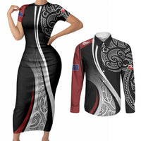 Aotearoa Maori Rugby Custom Couples Matching Short Sleeve Bodycon Dress and Long Sleeve Button Shirt Kapa O Pango LT7 Black - Polynesian Pride