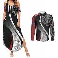 Aotearoa Maori Rugby Custom Couples Matching Summer Maxi Dress and Long Sleeve Button Shirt Kapa O Pango LT7 Black - Polynesian Pride