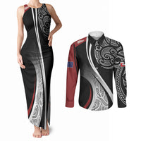 Aotearoa Maori Rugby Custom Couples Matching Tank Maxi Dress and Long Sleeve Button Shirt Kapa O Pango LT7 Black - Polynesian Pride