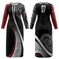 Aotearoa Maori Rugby Custom Family Matching Long Sleeve Bodycon Dress and Hawaiian Shirt Kapa O Pango LT7 Mom's Dress Black - Polynesian Pride