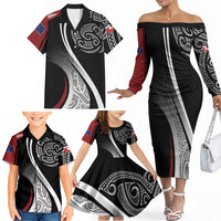 Aotearoa Maori Rugby Custom Family Matching Off The Shoulder Long Sleeve Dress and Hawaiian Shirt Kapa O Pango LT7 - Polynesian Pride