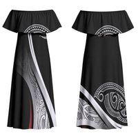 Aotearoa Maori Rugby Custom Family Matching Off Shoulder Maxi Dress and Hawaiian Shirt Kapa O Pango LT7 Mom's Dress Black - Polynesian Pride