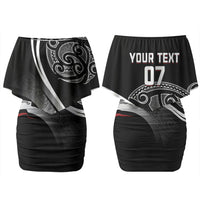 Aotearoa Maori Rugby Custom Family Matching Off Shoulder Short Dress and Hawaiian Shirt Kapa O Pango LT7 Mom's Dress Black - Polynesian Pride