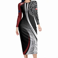 Aotearoa Maori Rugby Custom Long Sleeve Bodycon Dress Kapa O Pango LT7 Long Dress Black - Polynesian Pride