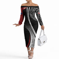 Aotearoa Maori Rugby Custom Off The Shoulder Long Sleeve Dress Kapa O Pango LT7 Women Black - Polynesian Pride