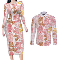 Christmas Aloha Hawaii Tiki Couples Matching Long Sleeve Bodycon Dress and Long Sleeve Button Shirt Hibiscus Spring Colors - Polynesian Pride
