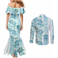 Christmas Aloha Hawaii Tiki Couples Matching Mermaid Dress and Long Sleeve Button Shirt Hibiscus Summer Colors - Polynesian Pride