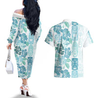Christmas Aloha Hawaii Tiki Couples Matching Off The Shoulder Long Sleeve Dress and Hawaiian Shirt Hibiscus Summer Colors - Polynesian Pride