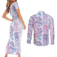 Christmas Aloha Hawaii Tiki Couples Matching Short Sleeve Bodycon Dress and Long Sleeve Button Shirt Hibiscus Winter Colors - Polynesian Pride