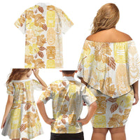 Christmas Aloha Hawaii Tiki Family Matching Off Shoulder Short Dress and Hawaiian Shirt Hibiscus Autumn Colors - Polynesian Pride