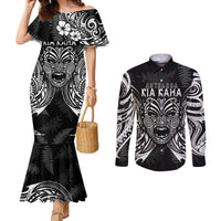 New Zealand Rugby Couples Matching Mermaid Dress and Long Sleeve Button Shirt 2023 World Cup Aotearoa Haka Face LT7 Black - Polynesian Pride