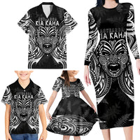 Custom New Zealand Rugby Family Matching Long Sleeve Bodycon Dress and Hawaiian Shirt 2023 World Cup Aotearoa Haka Face LT7 - Polynesian Pride