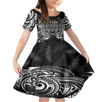 New Zealand Rugby Family Matching Short Sleeve Bodycon Dress and Hawaiian Shirt 2023 World Cup Aotearoa Haka Face LT7 Daughter's Dress Black - Polynesian Pride
