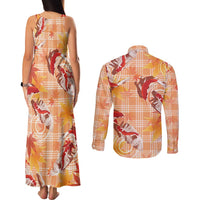 Orange Palaka Hawaii Aloha Couples Matching Tank Maxi Dress and Long Sleeve Button Shirt Koi Pond Mix Japanese Maple - Polynesian Pride