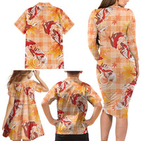 Orange Palaka Hawaii Aloha Family Matching Long Sleeve Bodycon Dress and Hawaiian Shirt Koi Pond Mix Japanese Maple - Polynesian Pride