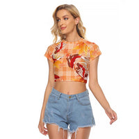 Orange Palaka Hawaii Aloha Raglan Cropped T Shirt Koi Pond Mix Japanese Maple LT7 Female Orange - Polynesian Pride