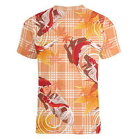 Orange Palaka Hawaii Aloha Women V-Neck T-Shirt Koi Pond Mix Japanese Maple - Polynesian Pride