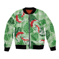 Lime Palaka Hawaii Aloha Bomber Jacket Koi Pond Mix Monstera - Polynesian Pride