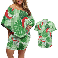 Lime Palaka Hawaii Aloha Couples Matching Off Shoulder Short Dress and Hawaiian Shirt Koi Pond Mix Monstera - Polynesian Pride