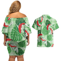 Lime Palaka Hawaii Aloha Couples Matching Off Shoulder Short Dress and Hawaiian Shirt Koi Pond Mix Monstera - Polynesian Pride