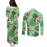 Lime Palaka Hawaii Aloha Couples Matching Puletasi and Long Sleeve Button Shirt Koi Pond Mix Monstera LT7 - Polynesian Pride
