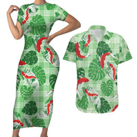 Lime Palaka Hawaii Aloha Couples Matching Short Sleeve Bodycon Dress and Hawaiian Shirt Koi Pond Mix Monstera - Polynesian Pride