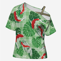 Lime Palaka Hawaii Aloha Cross Shoulder Shirt Koi Pond Mix Monstera - Polynesian Pride