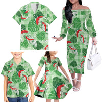Lime Palaka Hawaii Aloha Family Matching Off The Shoulder Long Sleeve Dress and Hawaiian Shirt Koi Pond Mix Monstera - Polynesian Pride