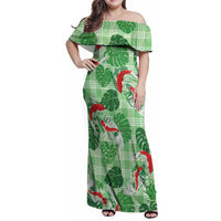 Lime Palaka Hawaii Aloha Family Matching Off Shoulder Maxi Dress and Hawaiian Shirt Koi Pond Mix Monstera - Polynesian Pride