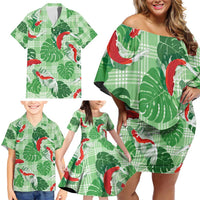 Lime Palaka Hawaii Aloha Family Matching Off Shoulder Short Dress and Hawaiian Shirt Koi Pond Mix Monstera - Polynesian Pride