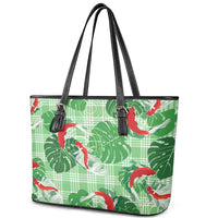 Lime Palaka Hawaii Aloha Leather Tote Bag Koi Pond Mix Monstera - Polynesian Pride