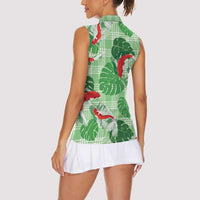 Lime Palaka Hawaii Aloha Women Sleeveless Polo Shirt Koi Pond Mix Monstera - Polynesian Pride