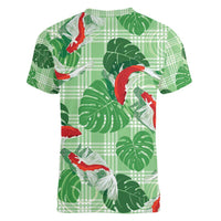 Lime Palaka Hawaii Aloha Women V-Neck T-Shirt Koi Pond Mix Monstera - Polynesian Pride