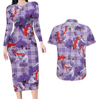 Lavender Palaka Hawaii Aloha Couples Matching Long Sleeve Bodycon Dress and Hawaiian Shirt Koi Pond Mix Orchids - Polynesian Pride